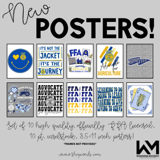 Collection of FFA (National FFA Organization) posters on a gray background with promotional text.