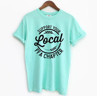 Mint green t-shirt with 'Support Your Local Chapter' text on a white background