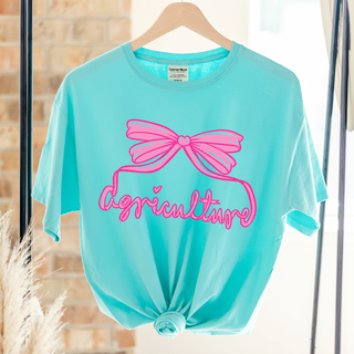 Turquoise t-shirt with pink bow and 'Agriculture' text on a hanger.