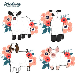 Illustrations of cows and a pig surrounded by flowers on a white background