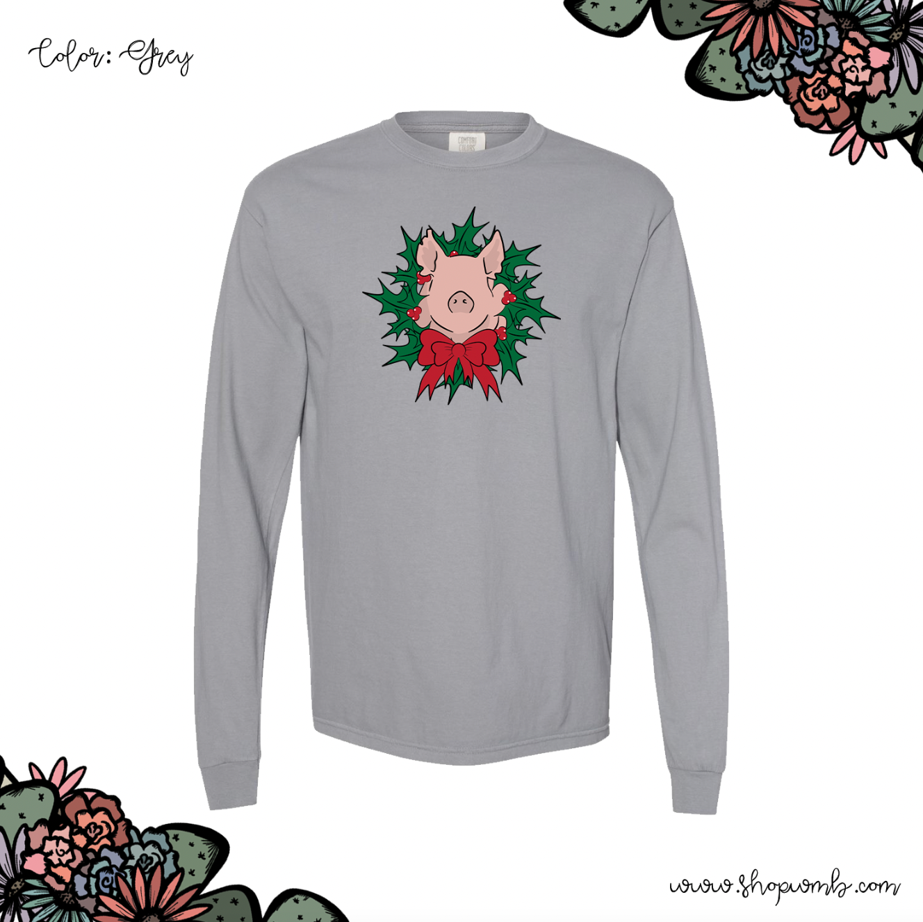 Pig Christmas Wreath LONG SLEEVE T-Shirt (S-3XL) - Multiple Colors!