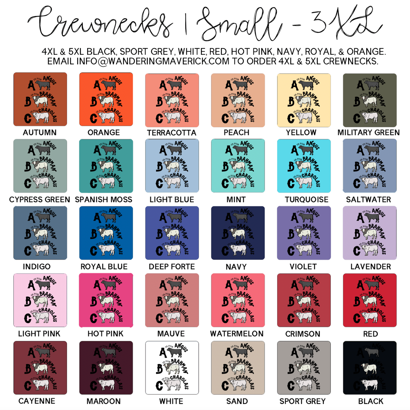 ABC Cattle Breeds Crewneck (S-3XL) - Multiple Colors!