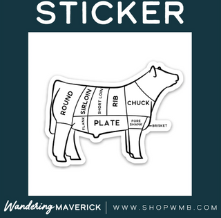 Butcher cut diagram sticker of a cow on a white background with 'Wandering Maverick' branding.