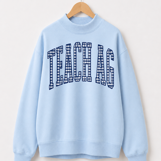 Navy Checkered TEACH AG Mock Neck - Light Blue