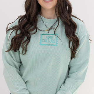 Dusty Blue + Teal Agriculture Stamp - Embroidered Corded Crewneck