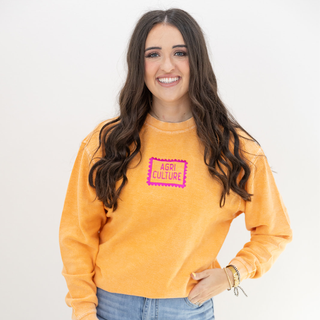 Orange + Hot Pink Agriculture Stamp Thread - Embroidered Corded Crewneck