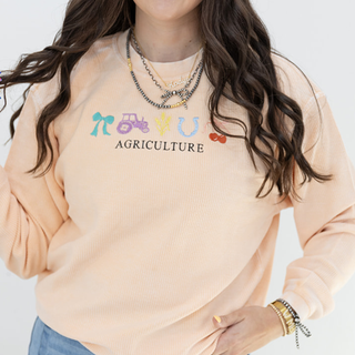 Peach Agriculture Symbols  - Embroidered Corded Crewneck