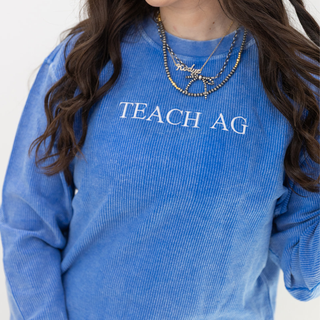 Royal + White Teach Ag Thread - Embroidered Corded Crewneck