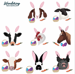 Illustrations of farm animals with bunny ears and Easter baskets on a white background, featuring the brand 'Wandering Maverick'.